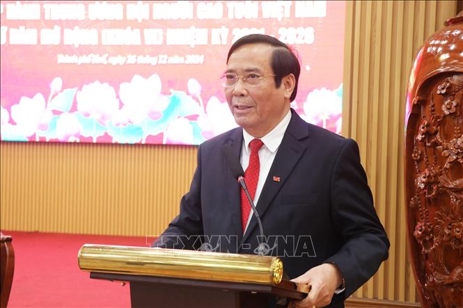 Chủ tịch Hội Người cao tuổi Việt Nam Nguyễn Thanh Bình phát biểu tại hội nghị. Ảnh: Tường Vi - TTXVN. 