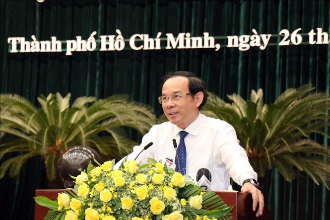 Bí thư Thành ủy Thành phố Hồ Chí Minh Nguyễn Văn Nên phát biểu chỉ đạo tại hội nghị. Ảnh: Tiến Lực - TTXVN