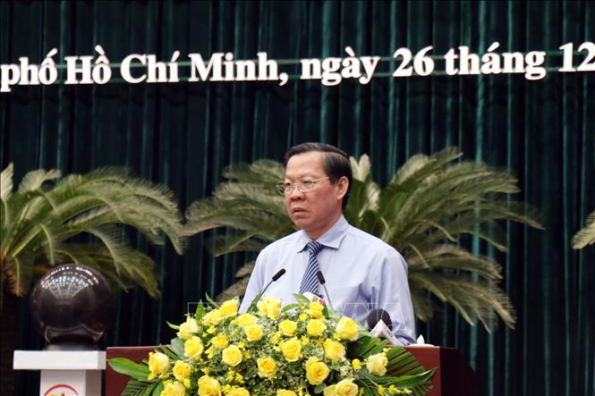 Chủ tịch UBND Thành phố Hồ Chí Minh Phan Văn Mãi quán triệt nhiệm vụ năm 2025. Ảnh: Tiến Lực - TTXVN