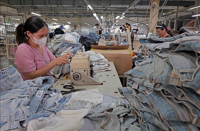 May hàng xuất khẩu tại Công ty TNHH Việt Thắng JEAN, Hiệp Phú, Thủ Đức, Thành phố Hồ Chí Minh. Ảnh: Trần Việt - TTXVN