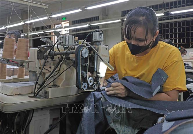 May hàng xuất khẩu tại Công ty TNHH Việt Thắng JEAN, Hiệp Phú, Thủ Đức, Thành phố Hồ Chí Minh. Ảnh: Trần Việt - TTXVN