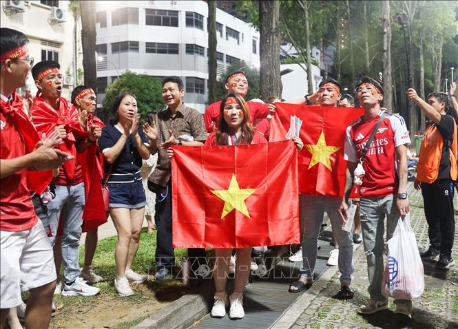 Vietnamese fans in Singapore cheering for the national team. VNA Photo