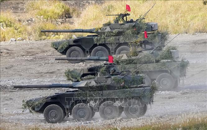 Xe quân sự của Lực lượng Phòng vệ Nhật Bản (SDF) trong cuộc tập trận ở tỉnh Oita, Nhật Bản. Ảnh: Kyodo/TTXVN
