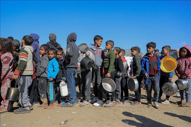 Các em nhỏ chờ được phát thực phẩm cứu trợ tại trại tị nạn ở Rafah, Dải Gaza. Ảnh: THX/TTXVN
