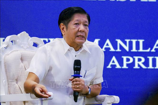 (Tư liệu) Tổng thống Philippines Ferdinand Romualdez Marcos Jr. phát biểu họp báo tại Manila. Ảnh: Kyodo/TTXVN