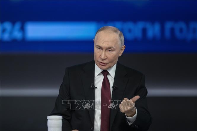 (Tư liệu) Tổng thống Nga Vladimir Putin phát biểu tại thủ đô Moskva. Ảnh: THX/TTXVN