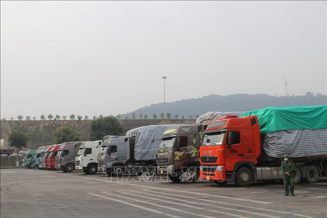 Cargo trucks queue up for customs clearance at the Lao Cai International Border Gate. VNA Photo: Hồng Ninh