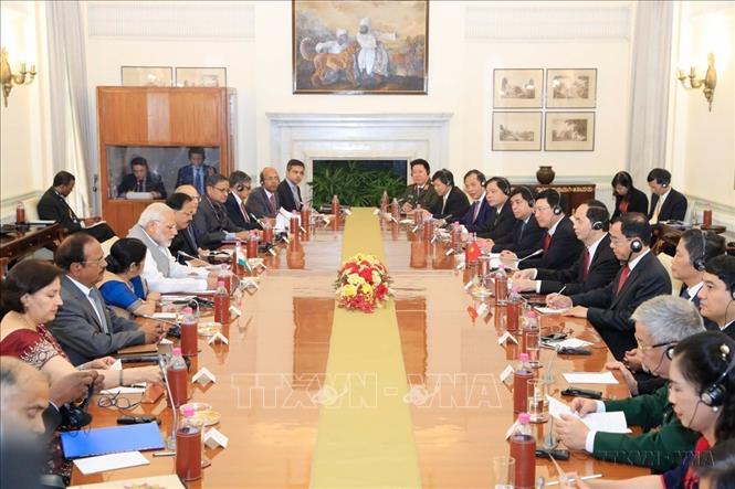 Chủ tịch nước Trần Đại Quang hội đàm với Thủ tướng Cộng hoà Ấn Độ Narendra Modi trong chuyến thăm cấp Nhà nước tới Ấn Độ (3/3/2018). Ảnh: Nhan Sáng-TTXVN