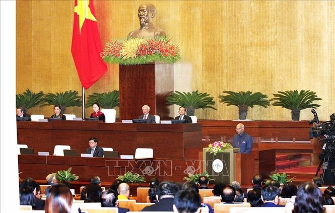 Tổng thống Cộng hòa Ấn Độ Ram Nath Kovind phát biểu tại phiên họp sáng 20/11/2018 của Kỳ họp thứ 6, Quốc hội khóa XIV. Ảnh: Nguyễn Dân – TTXVN