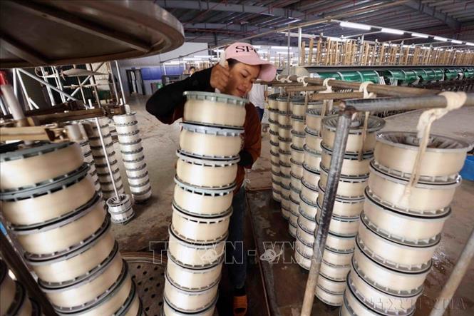Sản phẩm sợi từ nguyên liệu tơ tằm của Công ty TNHH Sunfeel Việt Nam (KCN Phú Hội, huyện Đức Trọng, tỉnh Lâm Đồng) được xuất khẩu sang thị trường Ấn Độ. Ảnh: Vũ Sinh – TTXVN