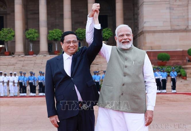 Thủ tướng Ấn Độ Narendra Modi chủ trì lễ đón chính thức Thủ tướng Phạm Minh Chính​ thăm cấp Nhà nước đến Ấn Độ, sáng 1/8/2024. Ảnh: Dương Giang-TTXVN