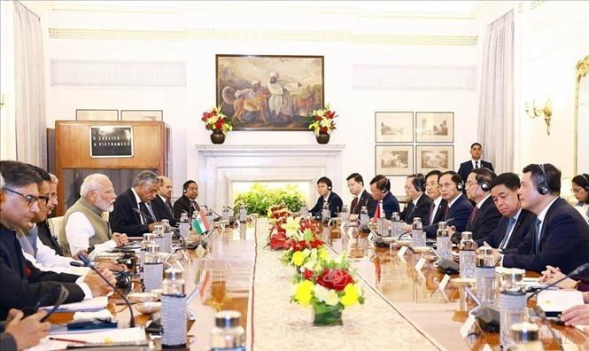 Thủ tướng Phạm Minh Chính hội đàm với Thủ tướng Ấn Độ Narendra Modi trong chuyến thăm chính thức Ấn Độ (New Delhi, 1/8/2024). Ảnh: Dương Giang-TTXVN