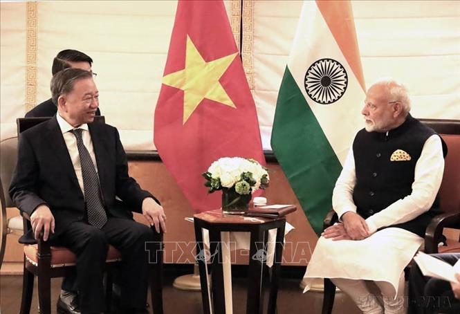 Trong khuôn khổ chuyến tham dự Đại hội đồng Liên hợp quốc Khóa 79 và làm việc tại Hoa Kỳ, chiều 23/9/2024 (giờ địa phương), tại New York, Tổng Bí thư, Chủ tịch nước Tô Lâm gặp Thủ tướng Ấn Độ Narendra Modi. Ảnh: Thanh Tuấn - TTXVN
