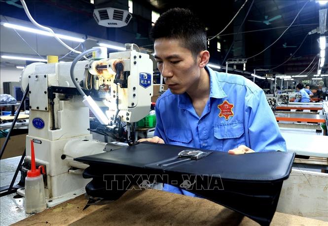 Making leather products at the Ladoda JSC in Hanoi's Gia Lam district. VNA Photo: Tuấn Anh