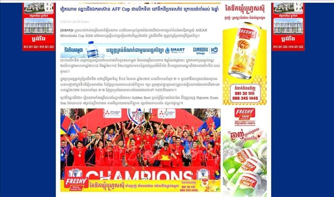 Sáng 6/1/2025, trang tin Fresh News đưa bài viết với tiêu đề “Việt Nam lần thứ 3 vô địch ASEAN AFF Cup tại Thái Lan sau 6 năm chờ đợi”. Ảnh: TTXVN phát 