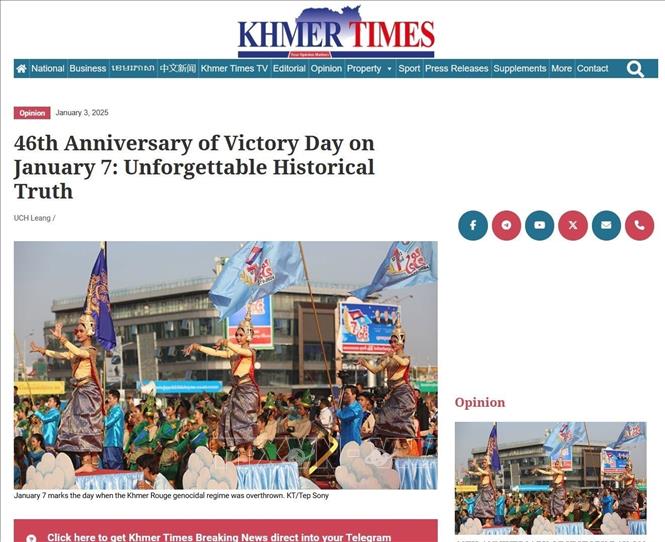 Báo “Khmer Times” phiên bản tiếng Anh online đăng tải bài viết với tiêu đề “Kỷ niệm 46 năm Ngày Chiến thắng 7/1: Sự thật lịch sử không thể lãng quên” (ảnh chụp màn hình), phát ngày 3/1/2025. Ảnh: TTXVN phát