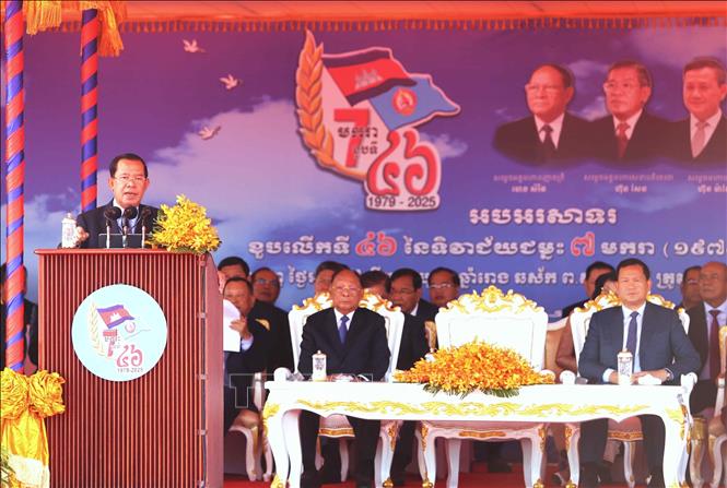 Chủ tịch CPP Samdech Techo Hun Sen phát biểu tại lễ mít tinh. Ảnh: Hoàng Minh - PV TTXVN tại Campuchia 