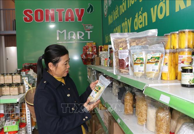 Người dân chọn mua sản phẩm nông sản của huyện miền núi Sơn Tây (Quảng Ngãi). Ảnh: Đinh Hương - TTXVN