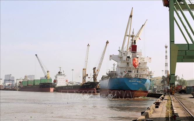 Handling cargo containers at the Tan Thuan terminal. VNA Photo: Quốc Khánh