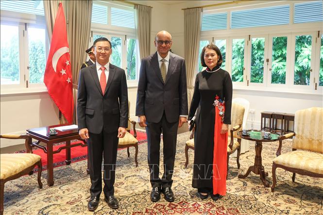 Đại sứ Việt Nam tại Singapore Trần Phước Anh cùng Phu nhân chụp ảnh lưu niệm với Tổng thống Tharman Shanmugaratnam (giữa). Ảnh: TTXVN phát