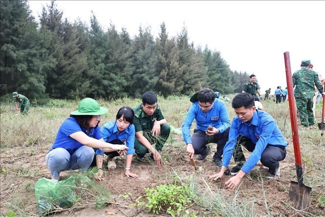 Đoàn thanh niên Thông tấn xã Việt Nam trồng cây tại Cồn Nổi, xã Kim Động, huyện Kim Sơn, tỉnh Ninh Bình, hưởng ứng đề án “Trồng 1 tỷ cây xanh giai đoạn 2021 – 2025” của Thủ tướng Chính phủ (4/2024). Ảnh: Minh Đức – TTXVN