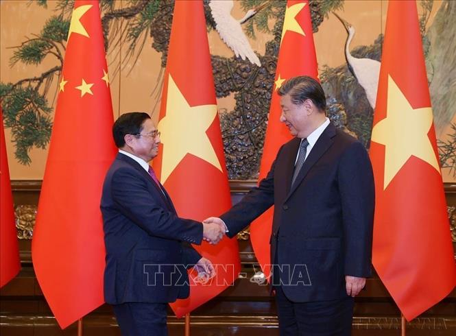 Chiều 27/6/2023, tại Đại lễ đường Nhân dân Trung Quốc, Thủ tướng Phạm Minh Chính hội kiến Tổng Bí thư, Chủ tịch nước Trung Quốc Tập Cận Bình. Ảnh: Dương Giang-TTXVN
