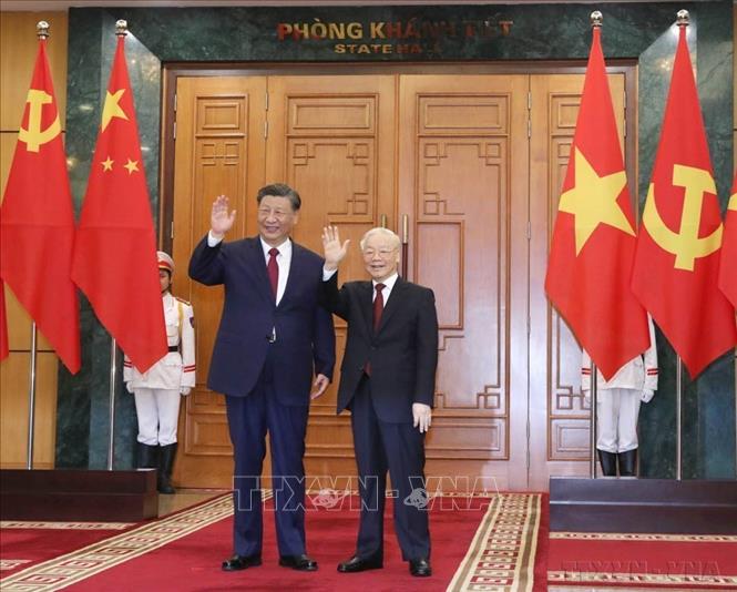 Chiều 12/12/2023, tại Trụ sở Trung ương Đảng, Tổng Bí thư Nguyễn Phú Trọng hội đàm với Tổng Bí thư, Chủ tịch nước Trung Quốc Tập Cận Bình thăm cấp Nhà nước tới Việt Nam (12/12/2023). Ảnh: TTXVN