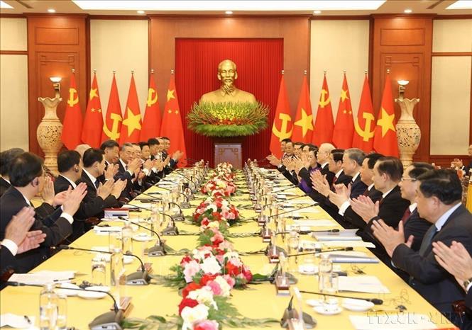 Chiều 12/12/2023, tại Trụ sở Trung ương Đảng, Tổng Bí thư Nguyễn Phú Trọng hội đàm với Tổng Bí thư, Chủ tịch nước Trung Quốc Tập Cận Bình thăm cấp Nhà nước tới Việt Nam. Ảnh: Trí Dũng - TTXVN