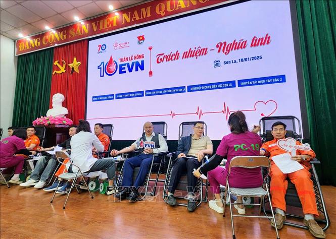 Lãnh đạo, cán bộ, công nhân viên các đơn vị tham gia hiến máu tình nguyện tại chương trình. Ảnh: TTXVN phát