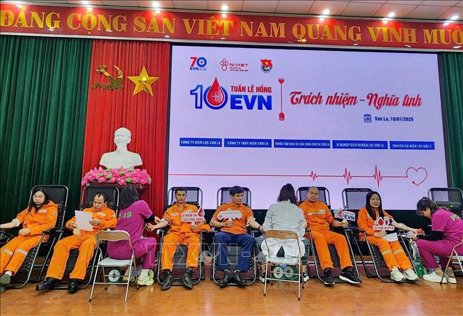 Lãnh đạo, cán bộ, công nhân viên các đơn vị Ngành điện tỉnh Sơn La tham gia hiến máu tình nguyện tại chương trình. Ảnh: TTXVN phát