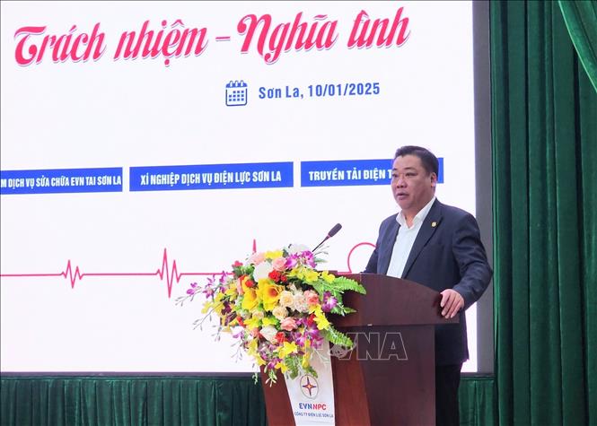 Ông Trần Duy Trinh, Giám đốc Công ty Điện lực Sơn La phát biểu tại chương trình. Ảnh: TTXVN phát