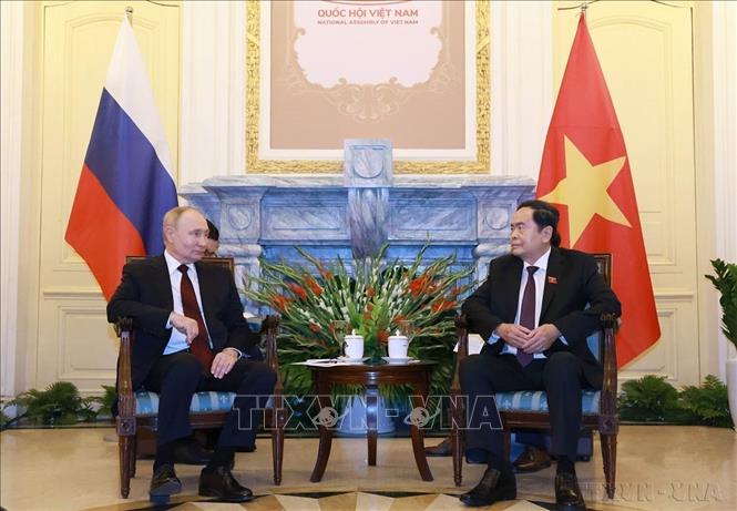 Chiều 20/6/2024, tại Hà Nội, Chủ tịch Quốc hội Trần Thanh Mẫn hội kiến Tổng thống Liên bang Nga Vladimir Putin thăm cấp Nhà nước tới Việt Nam. Ảnh: Thống Nhất – TTXVN