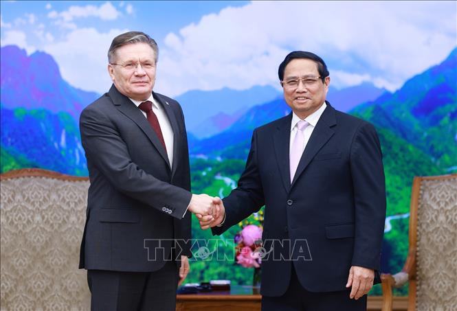 Thủ tướng Phạm Minh Chính tiếp ông Alexey Likhachev, Tổng Giám đốc Tập đoàn Năng lượng Nguyên tử Quốc gia Liên bang Nga (Rosatom). Ảnh: Dương Giang-TTXVN 