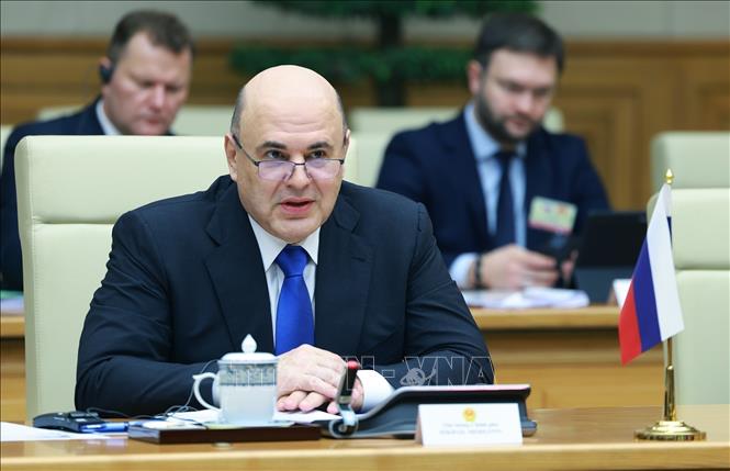 Russian PM Mikhail Vladimirovich Mishustin speaks at the talks. VNA Photo: Dương Giang 