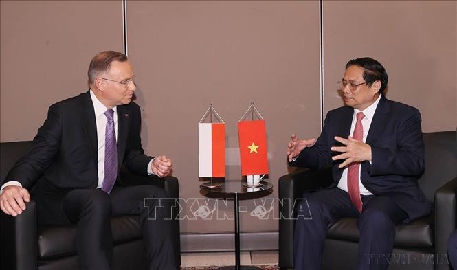 Thủ tướng Phạm Minh Chính gặp Tổng thống Ba Lan Andrzej Duda nhân dịp dự Đại hội đồng LHQ khóa 78 (New York, 20/9/2023). Ảnh: Dương Giang-TTXVN