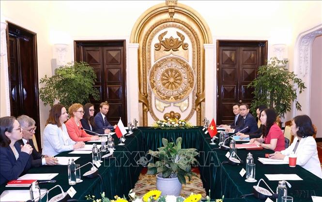 Thứ trưởng Ngoại giao Lê Thị Thu Hằng và Phó Quốc vụ khanh Bộ Ngoại giao Ba Lan Anna Krystyna Radwan-Rohrenschef đồng chủ trì Tham vấn chính trị cấp Thứ trưởng Ngoại giao Việt Nam - Ba Lan (Hà Nội, 30/5/2024). Ảnh: Doãn Tấn - TTXVN