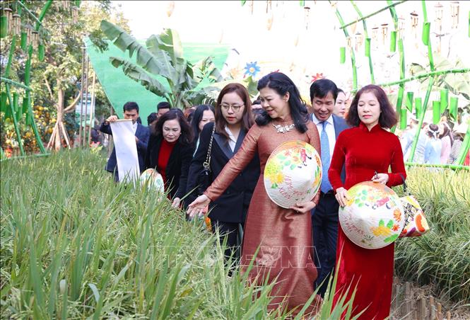 Bà Ngô Phương Ly, Phu nhân Tổng Bí thư Tô Lâm với các đại biểu tham quan và trải nghiệm tại đường hoa. Ảnh: Văn Điệp - TTXVN