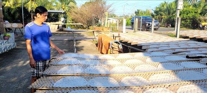 Làng nghề bánh tráng Mỹ Lồng ở ấp Nghĩa Huấn, xã Mỹ Thạnh, huyện Giồng Trôm, tỉnh Bến Tre vào vụ Tết. Ảnh: Công Trí-TTXVN