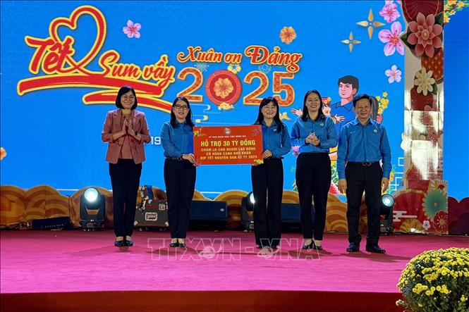 Phó Chủ tịch Uỷ ban nhân dân tỉnh Đồng Nai trao bảng tượng trưng hỗ trợ 30 tỷ đồng cho đoàn viên, người lao động trên địa bàn tỉnh. Ảnh: Lê Xuân-TTXVN