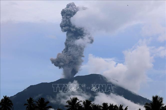 Tro bụi phun lên từ núi lửa Ibu, nhìn từ Tây Halmahera, tỉnh Bắc Maluku, Indonesia, ngày 16/1/2025. Ảnh: THX/TTXVN