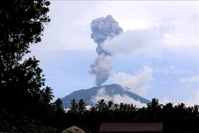 Tro bụi phun lên từ núi lửa Ibu, nhìn từ Tây Halmahera, tỉnh Bắc Maluku, Indonesia, ngày 16/1/2025. Ảnh: THX/TTXVN
