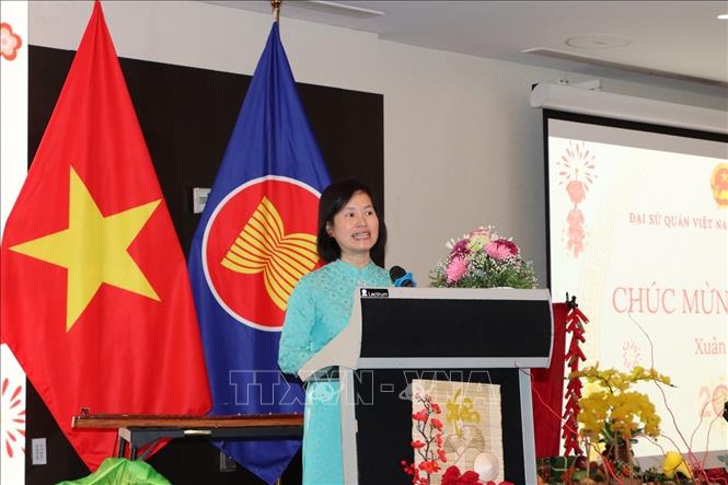 Chị Nguyễn Thanh Phương, đại diện cho cộng đồng người Việt Nam tại Đại công quốc Luxembourg phát biểu. Ảnh: Hương Giang - PV TTXVN tại Bỉ