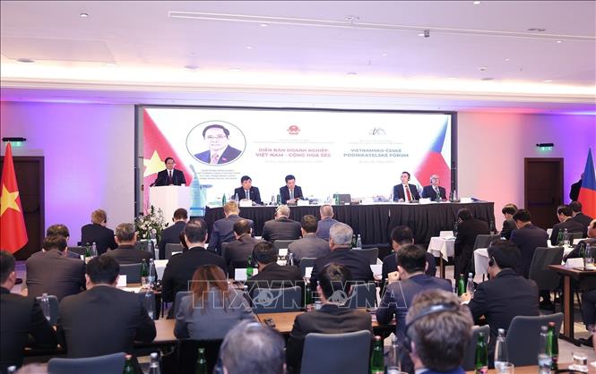Prime Minister Pham Minh Chinh addresses the Vietnam-Czech Business Forum. VNA Photo: Dương Giang