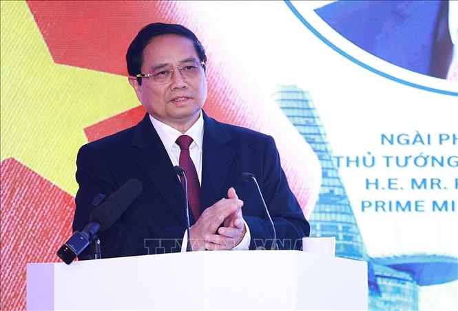 Prime Minister Pham Minh Chinh addresses the Vietnam-Czech Business Forum. VNA Photo: Dương Giang