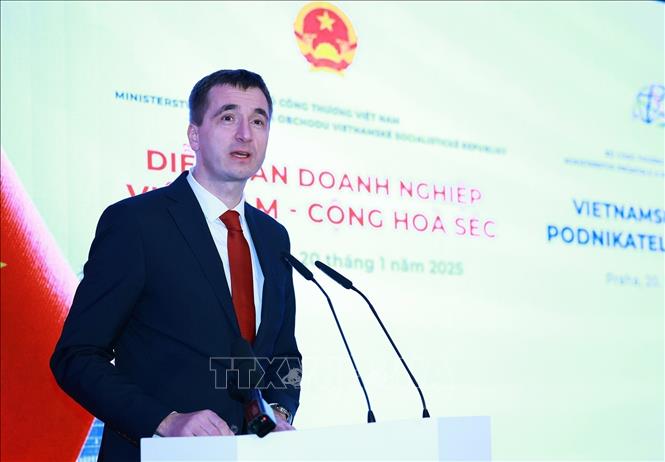Czech Minister of Industry and Trade Lukáš Vlček addresses the Vietnam-Czech Business Forum. VNA Photo: Dương Giang