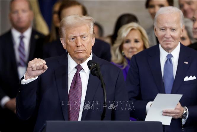Tổng thống Mỹ Donald Trump phát biểu sau khi tuyên thệ nhậm chức ở Washington, DC., ngày 20/1/2025. Ảnh: REUTERS/TTXVN