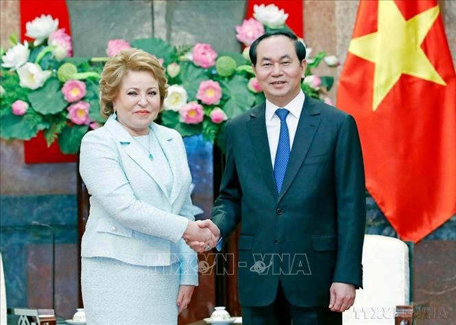 Chủ tịch nước Trần Đại Quang tiếp bà Valentina Ivanovna Matvienko, Chủ tịch Hội đồng Liên bang Nga thăm chính thức Việt Nam (21/2/2017). Ảnh: Nhan Sáng-TTXVN