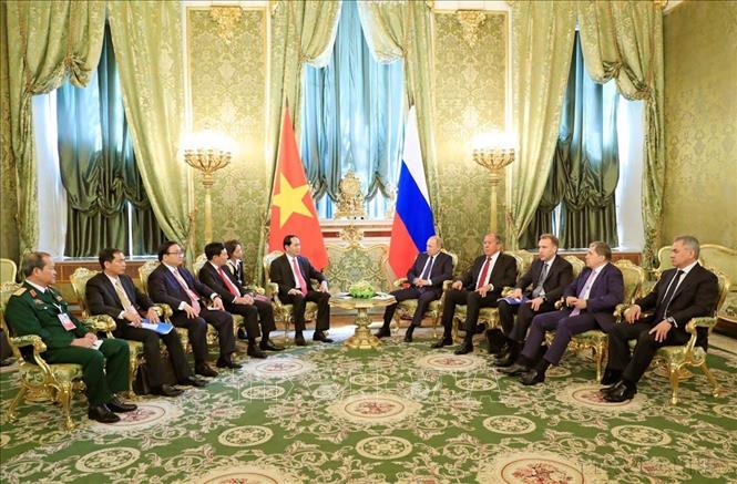 Chủ tịch nước Trần Đại Quang hội đàm với Tổng thống Liên bang Nga V. Putin (Moskva, 29/6/2017). Ảnh: Nhan Sáng -TTXVN