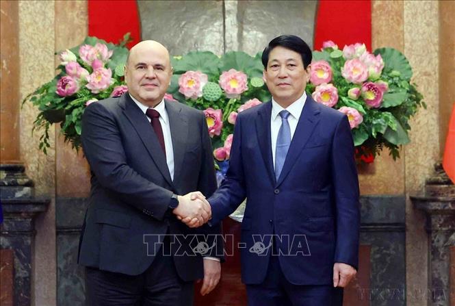 Sáng 15/1/2025, tại Phủ Chủ tịch, Chủ tịch nước Lương Cường tiếp Thủ tướng Liên bang Nga Mikhail Mishustin nhân dịp sang thăm chính thức Việt Nam. Ảnh: Phạm Kiên - TTXVN