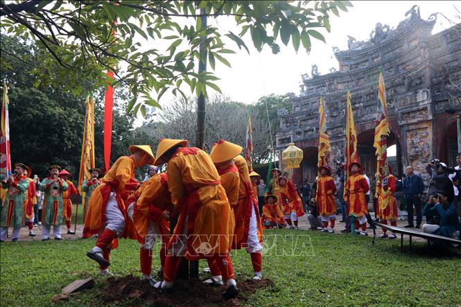 Dựng cây nêu ngày Tết tại di tích Thế Tổ Miếu, nơi thờ các vị Vua nhà Nguyễn. Ảnh: Đỗ Trưởng - TTXVN